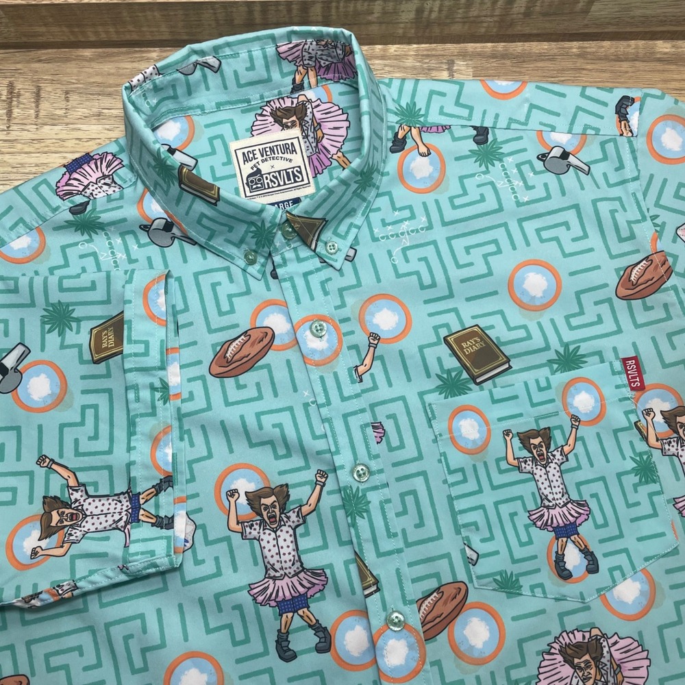 RSVLTS Ace Ventura Pet Detective Shady Acres Kunuflex Shirt Mens Large Teal AOP